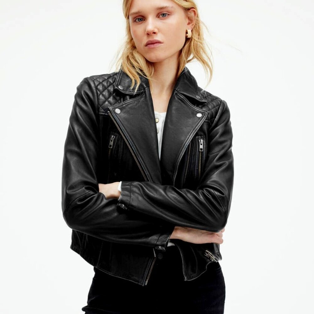 Womens AllSaints Cargo Distressed Leather Biker Jacket Size US 6